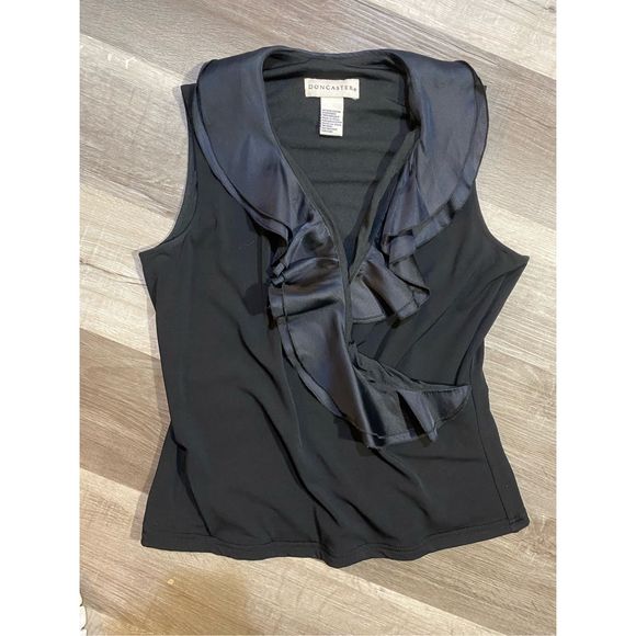 Doncaster Cascading Ruffle Black Silk Sleeveless Blouse, Size Small - Picture 1 of 11